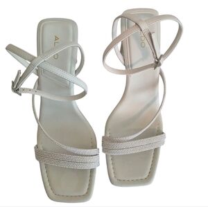 Aldo Square Toe White Pearl Embellished Strappy Heels